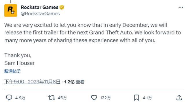 R星《GTA6》声明打破记录 成为最受欢迎的游戏推文